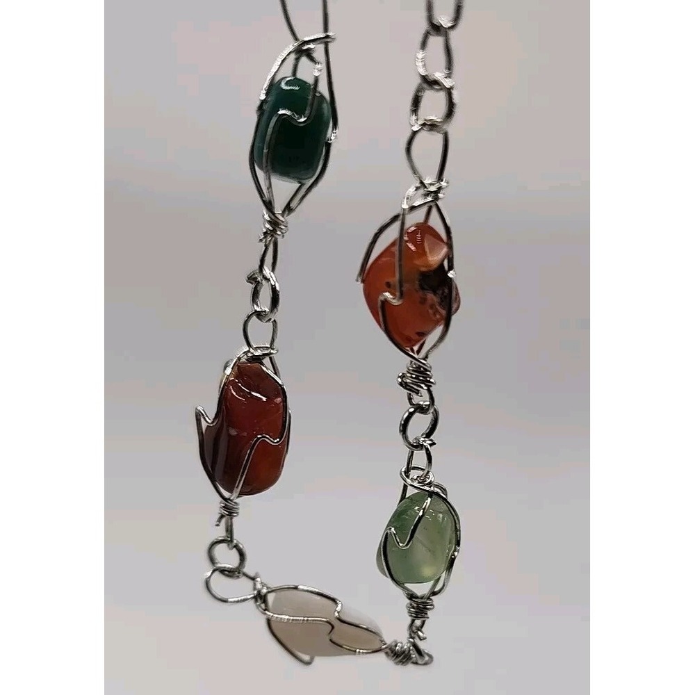 Vintage Polished Multicolor Quartz Stone Silver Tone Wire Wrap Art Boho Bracelet - Picture 1 of 10